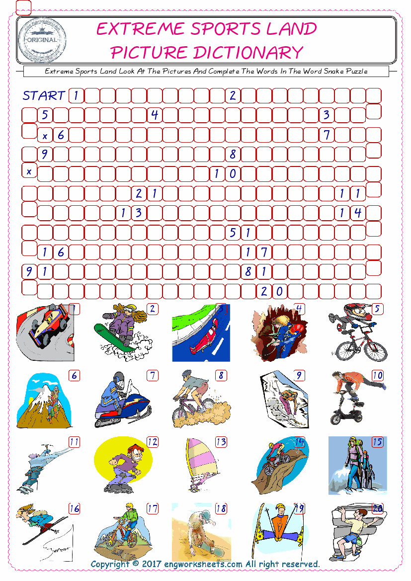 Check the Illustrations of Extreme Sports Land english worksheets for kids, and Supply the Missing Words in the Word Snake Puzzle ESL play. 